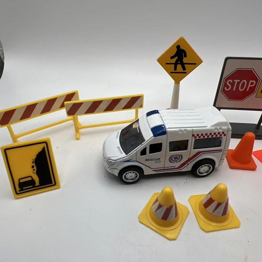 Miniature Plastic Toy Traffic Signs, Roadblocks, Cones & Rescue Vehicle 14 pcs.